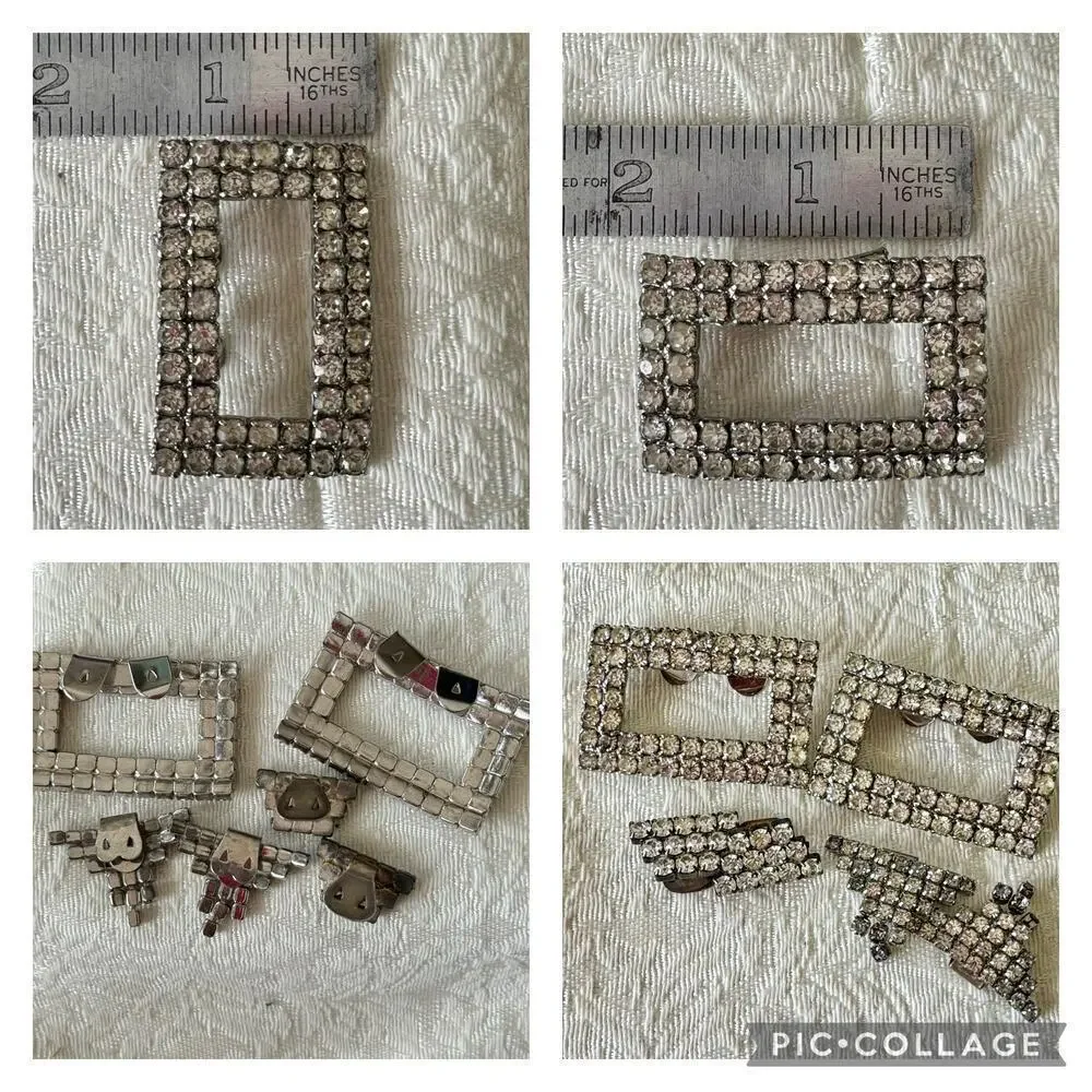 Lot of 6 Rhinestone Shoe Clips Vintage Silver Rectangular, Dangling 3 Pairs ￼